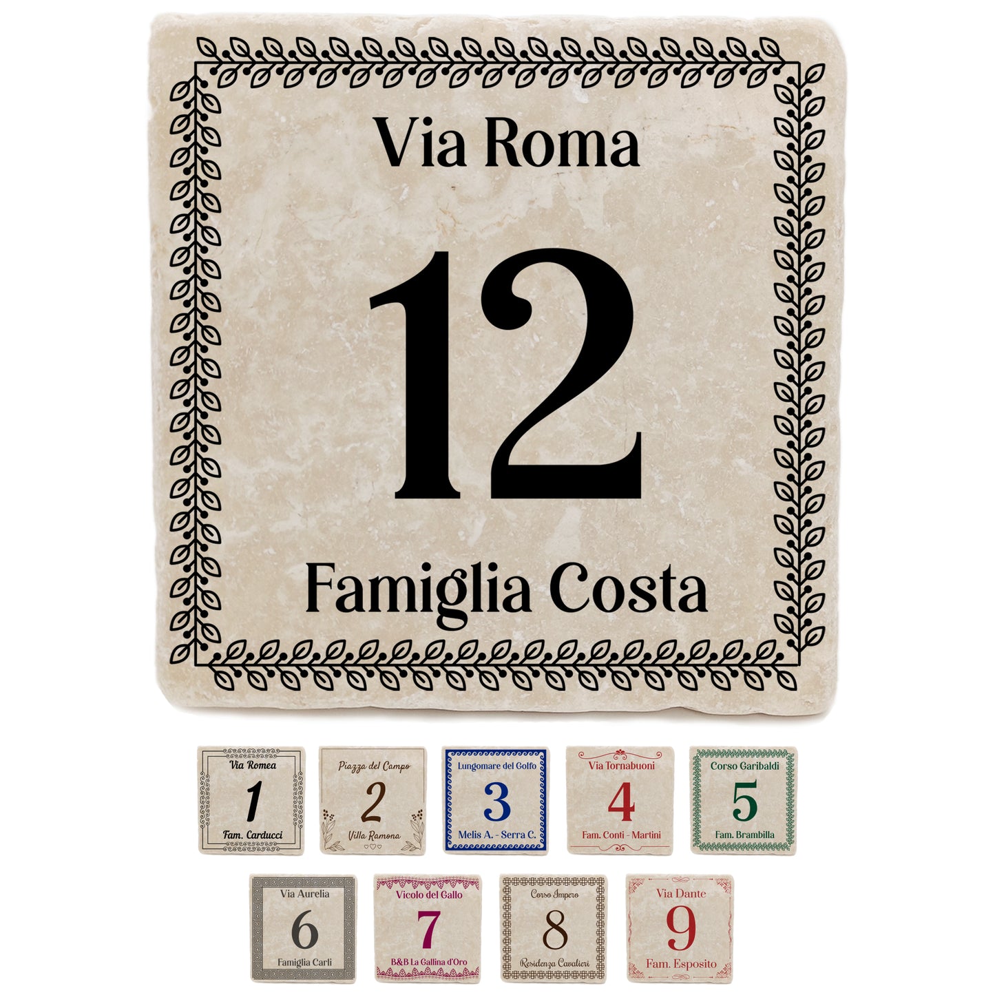 Mattonella Numero Civico Personalizzato Marmo Botticino con Cornice in Stile Classico