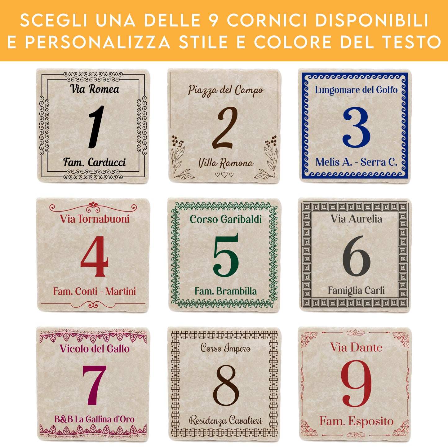 Mattonella Numero Civico Personalizzato Marmo Botticino con Cornice in Stile Classico