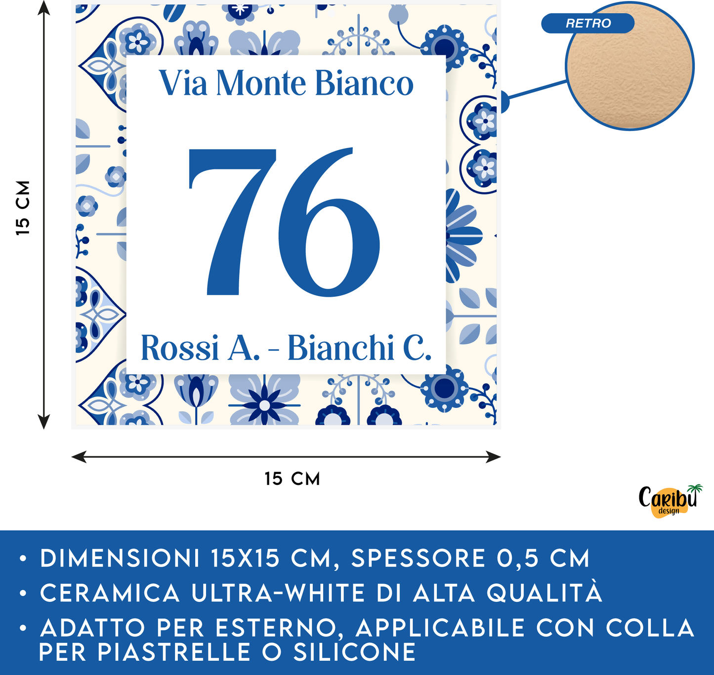 Mattonella Numero Civico Personalizzato in Ceramica con Cornice a tema Maioliche Azzurre