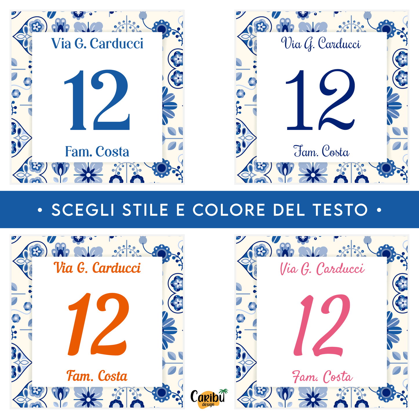 Mattonella Numero Civico Personalizzato in Ceramica con Cornice a tema Maioliche Azzurre