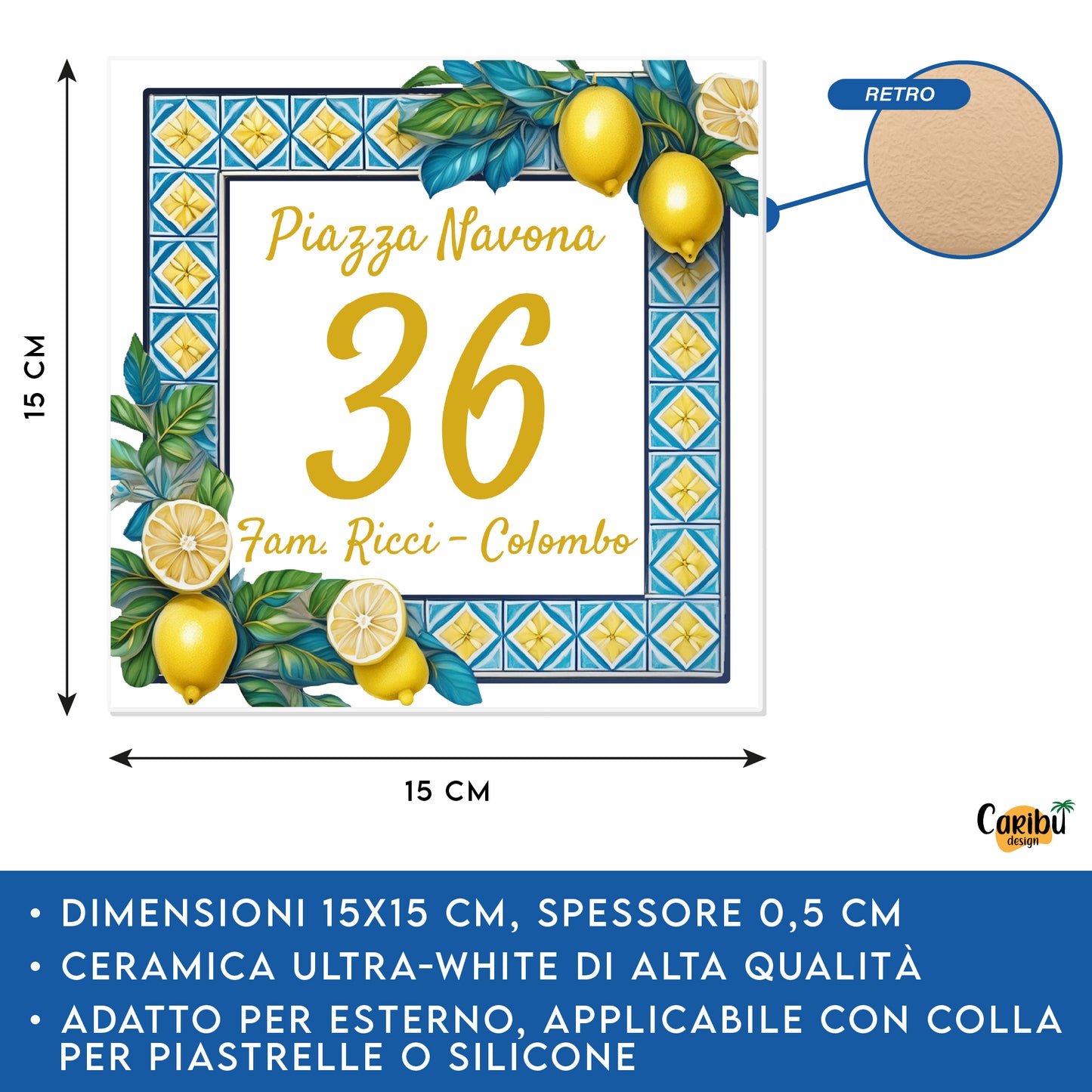 Mattonella Numero Civico Personalizzato in Ceramica con Cornice a tema Maioliche e Limoni