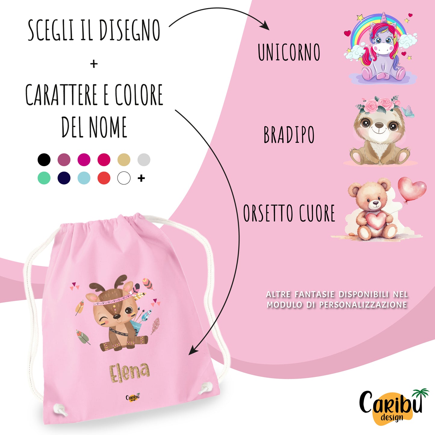 Sacchetta in cotone personalizzata con nome per asilo, scuola, cambio