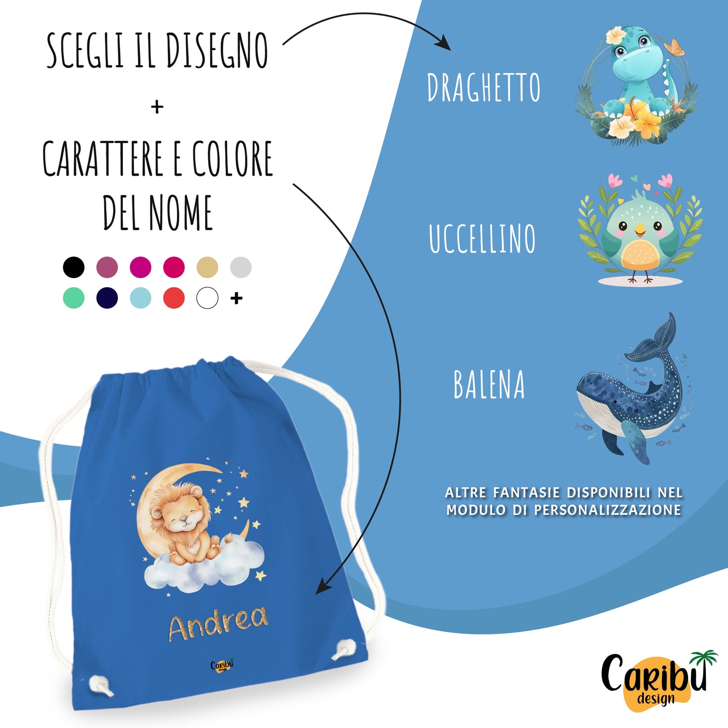 Sacchetta in cotone personalizzata con nome per asilo, scuola, cambio