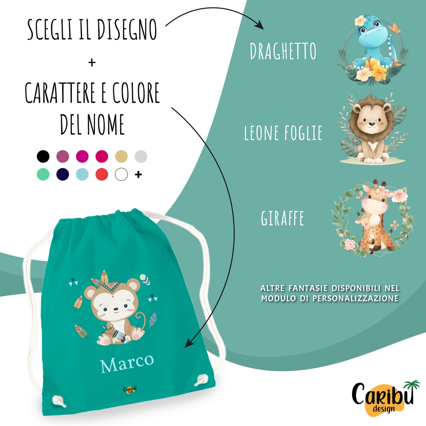 Sacchetta in cotone personalizzata con nome per asilo, scuola, cambio