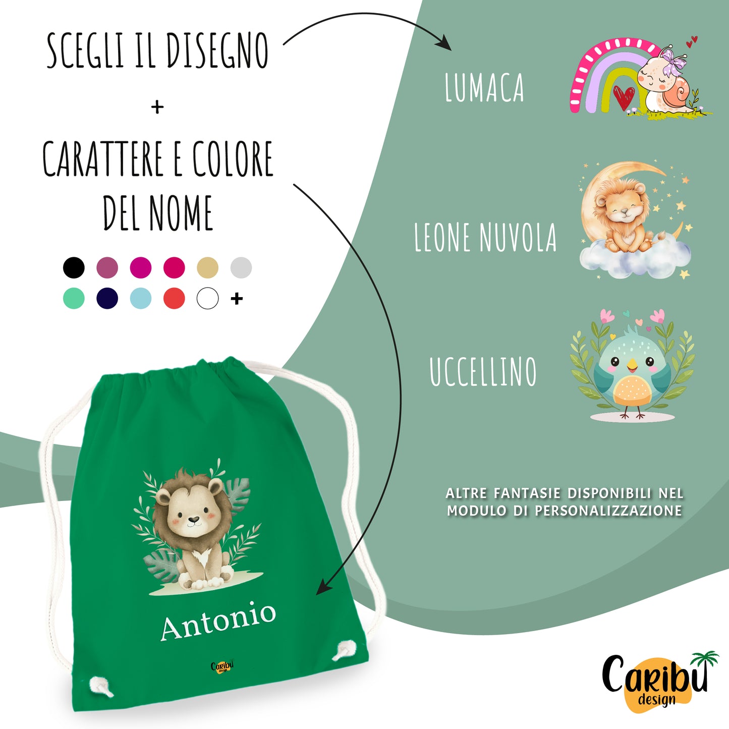 Sacchetta in cotone personalizzata con nome per asilo, scuola, cambio