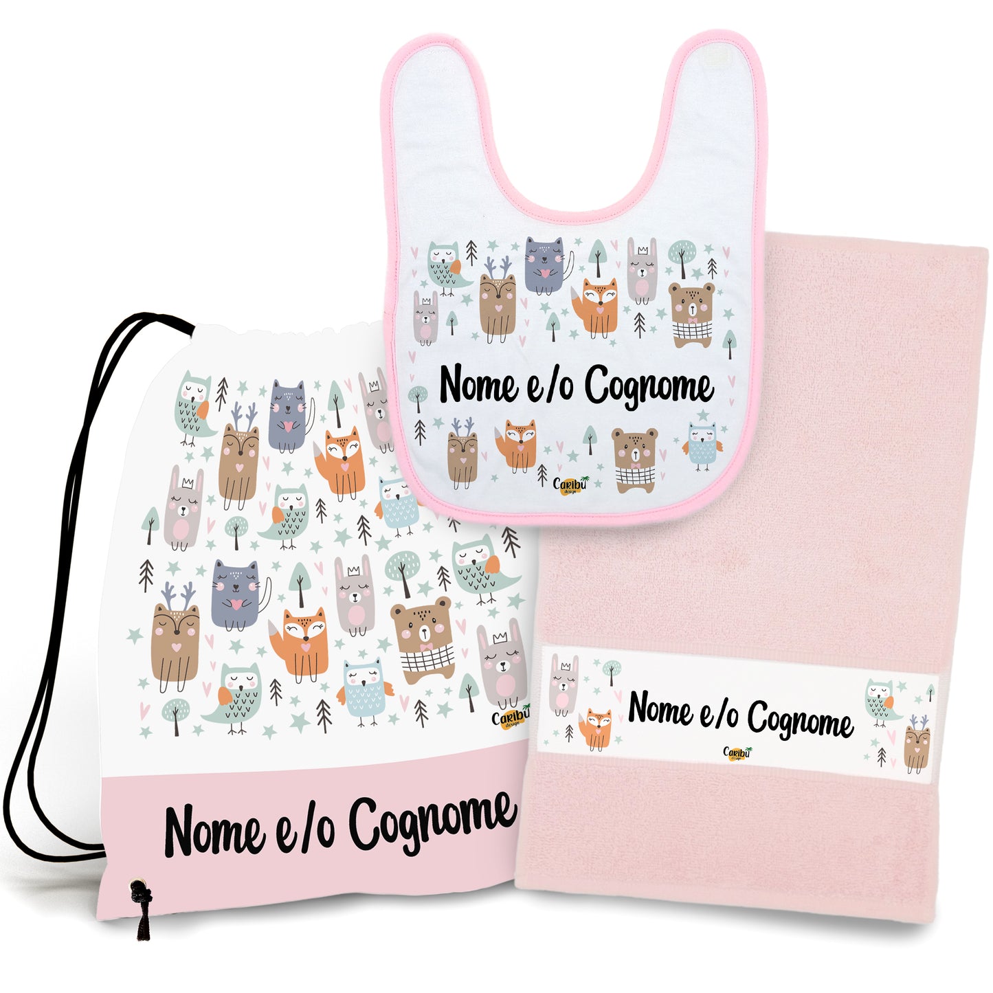 Set Asilo Personalizzato con Nome per Bimbo e Bimba - Sacca + Bavaglino + Asciugamano per Asilo Nido o Scuola Materna (4 Versioni)
