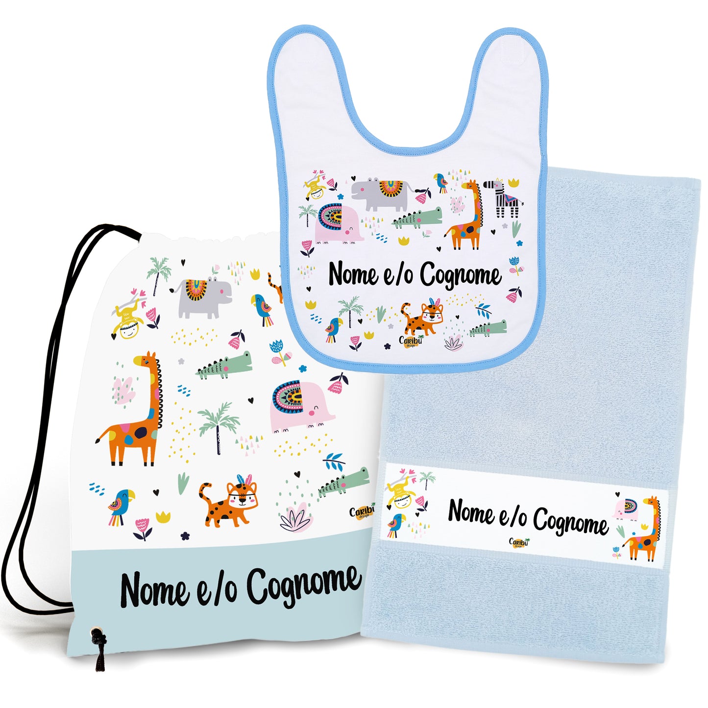 Set Asilo Personalizzato con Nome per Bimbo e Bimba - Sacca + Bavaglino + Asciugamano per Asilo Nido o Scuola Materna (4 Versioni)