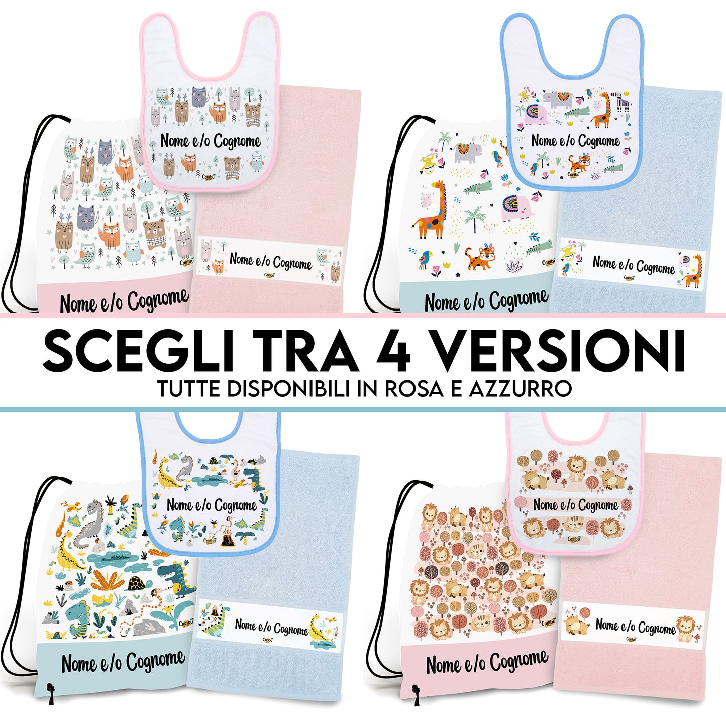 Set Asilo Personalizzato con Nome per Bimbo e Bimba - Sacca + Bavaglino + Asciugamano per Asilo Nido o Scuola Materna (4 Versioni)
