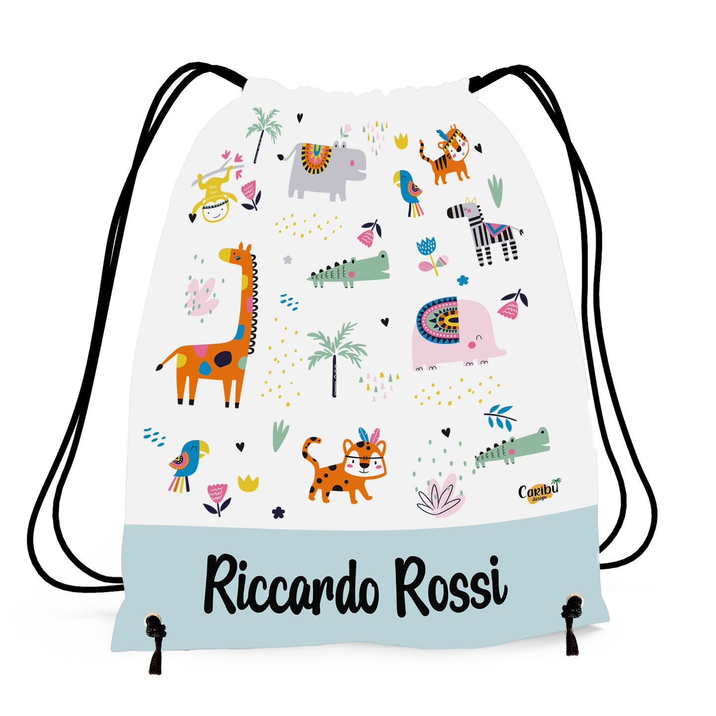 Sacca Personalizzata con Nome per Asilo, Scuola e Sport a tema Animali del Mondo