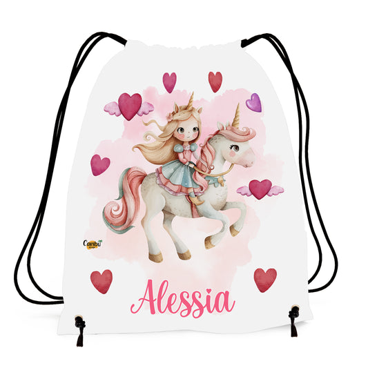Sacca Personalizzata con Nome per Danza, Asilo, Scuola e Sport a tema Principessa e Unicorno
