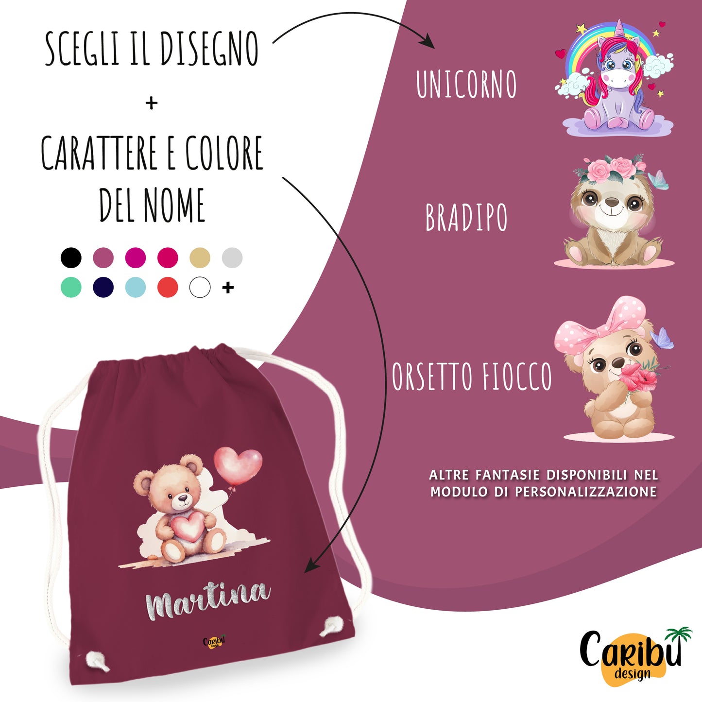 Sacchetta in cotone  personalizzata con nome per asilo, scuola, cambio