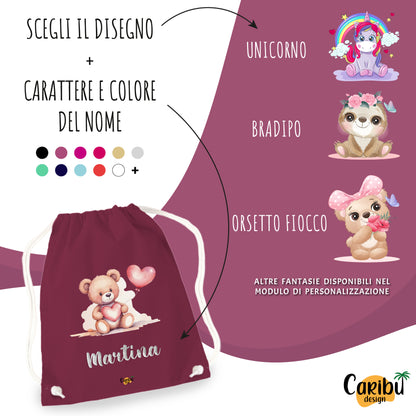 Sacchetta in cotone  personalizzata con nome per asilo, scuola, cambio