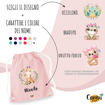 Sacchetta in cotone  personalizzata con nome per asilo, scuola, cambio
