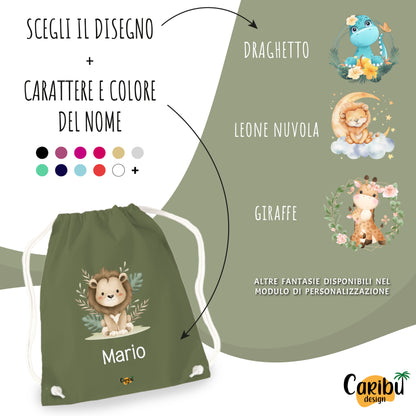 Sacchetta in cotone  personalizzata con nome per asilo, scuola, cambio
