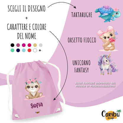 Sacchetta in cotone  personalizzata con nome per asilo, scuola, cambio