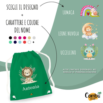 Sacchetta in cotone  personalizzata con nome per asilo, scuola, cambio