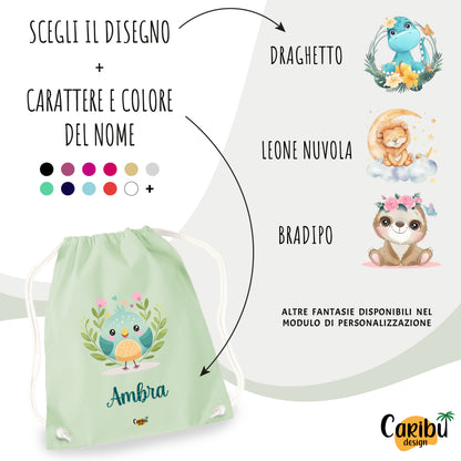 Sacchetta in cotone  personalizzata con nome per asilo, scuola, cambio